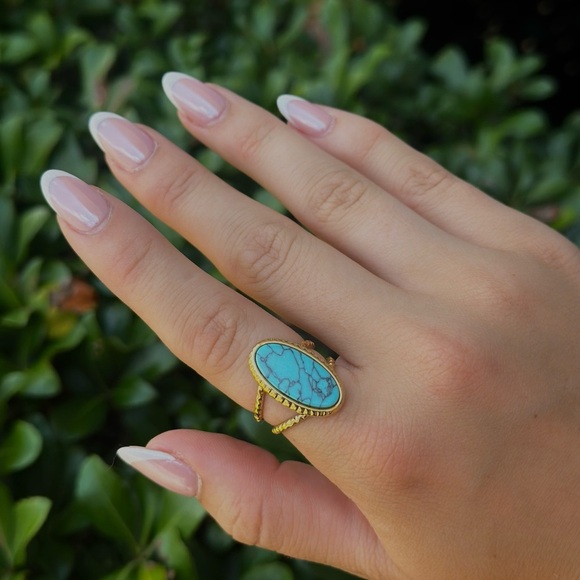 Water Resistant Adjustable Turquoise Stone Ring - Picture 1 of 1